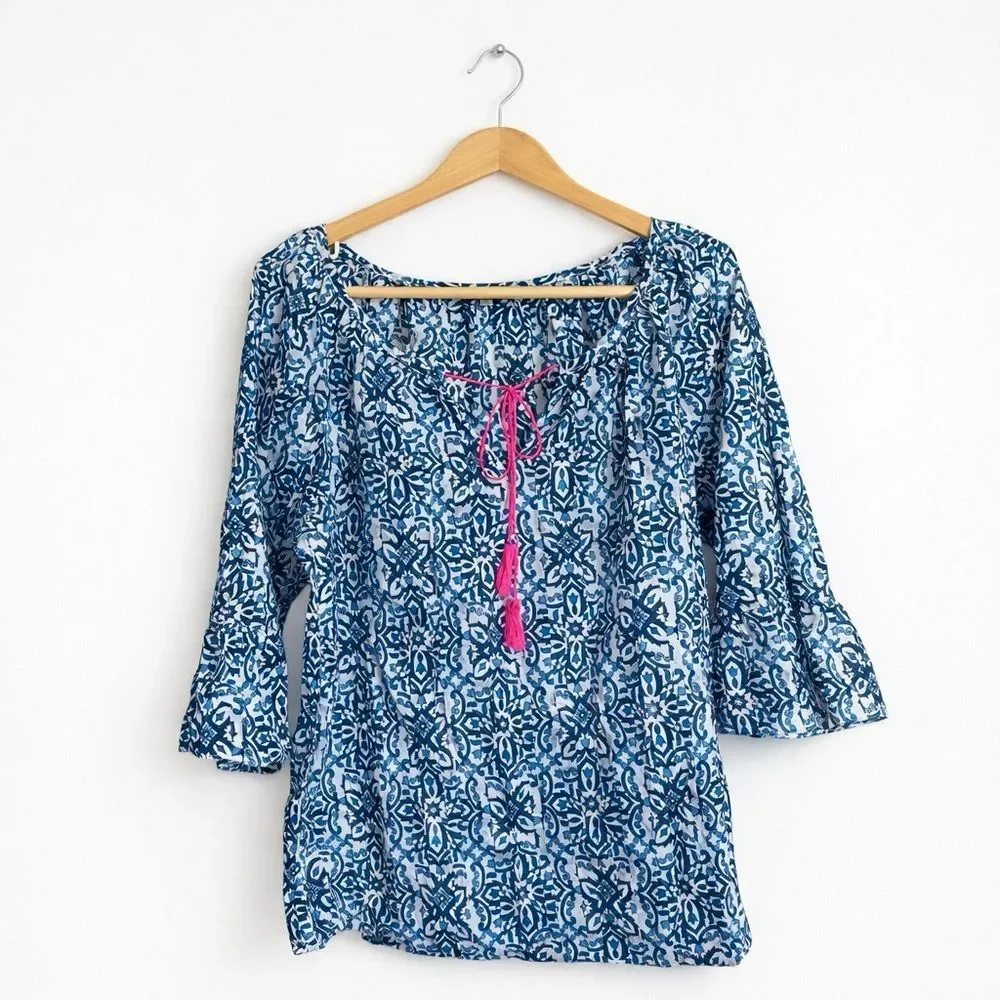 Milly Blue Pink Floral Medallion Boho Blouse Large Tassel Tie Peasant Top Casual